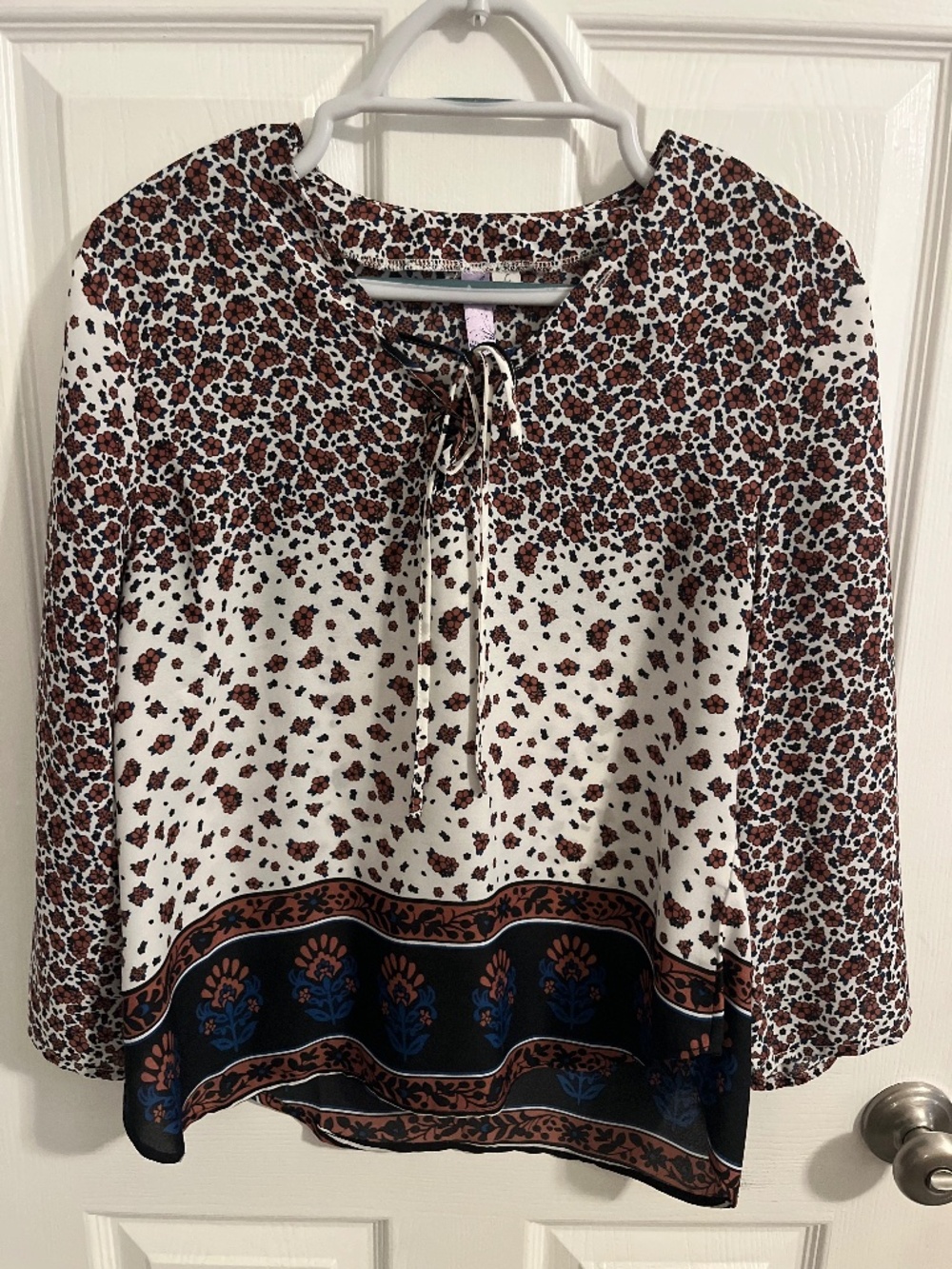 Dress Blouse Top - Floral Pattern, Cream Brown Blue